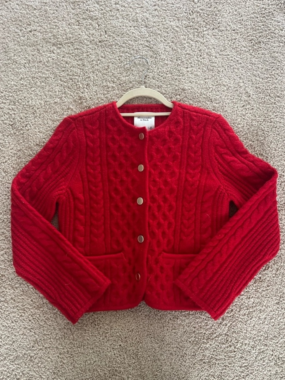Abercrombie & Fitch Bright Red Cable Cardigan with Gold Buttons